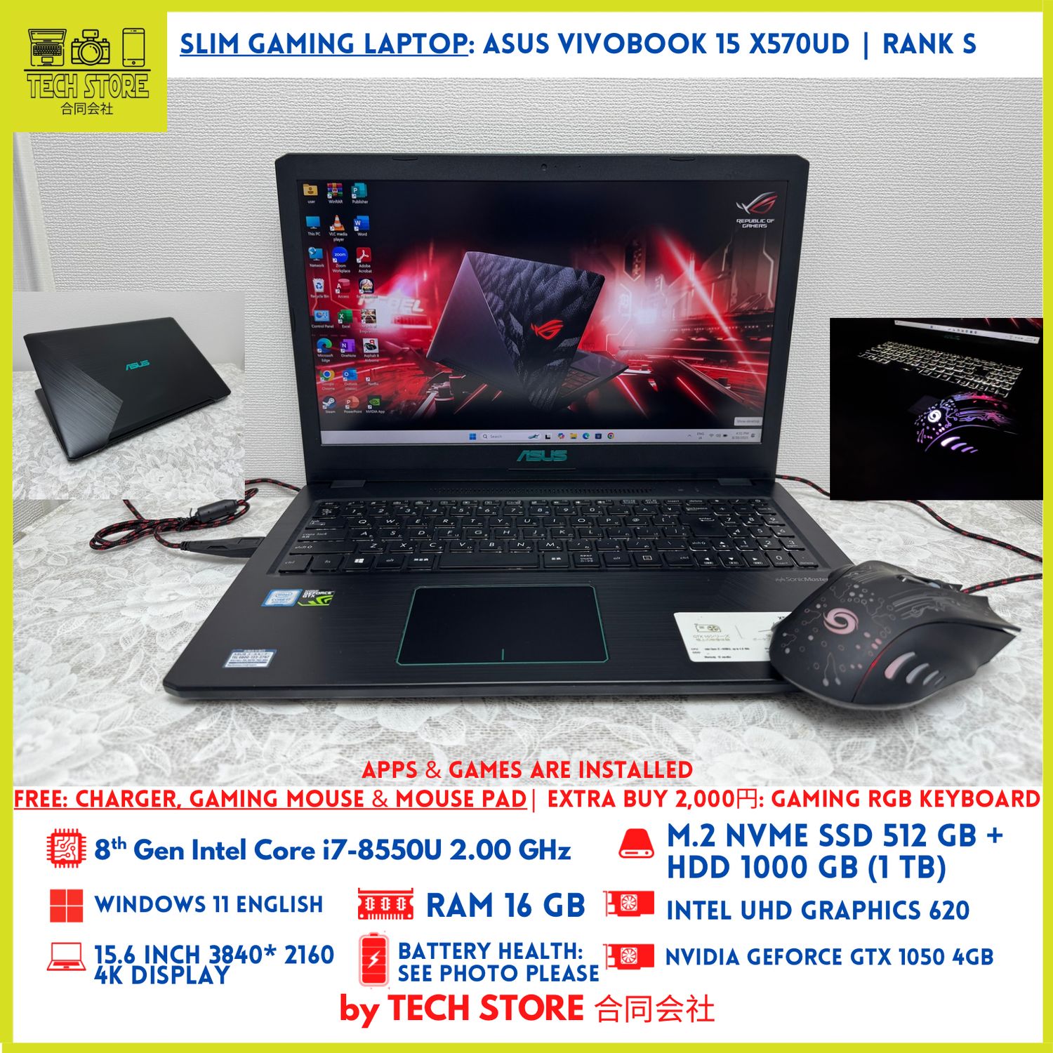 Asus VivoBook 15 X570UD i7 16GB 512GB+ 1TB GTX 1050 4K Display