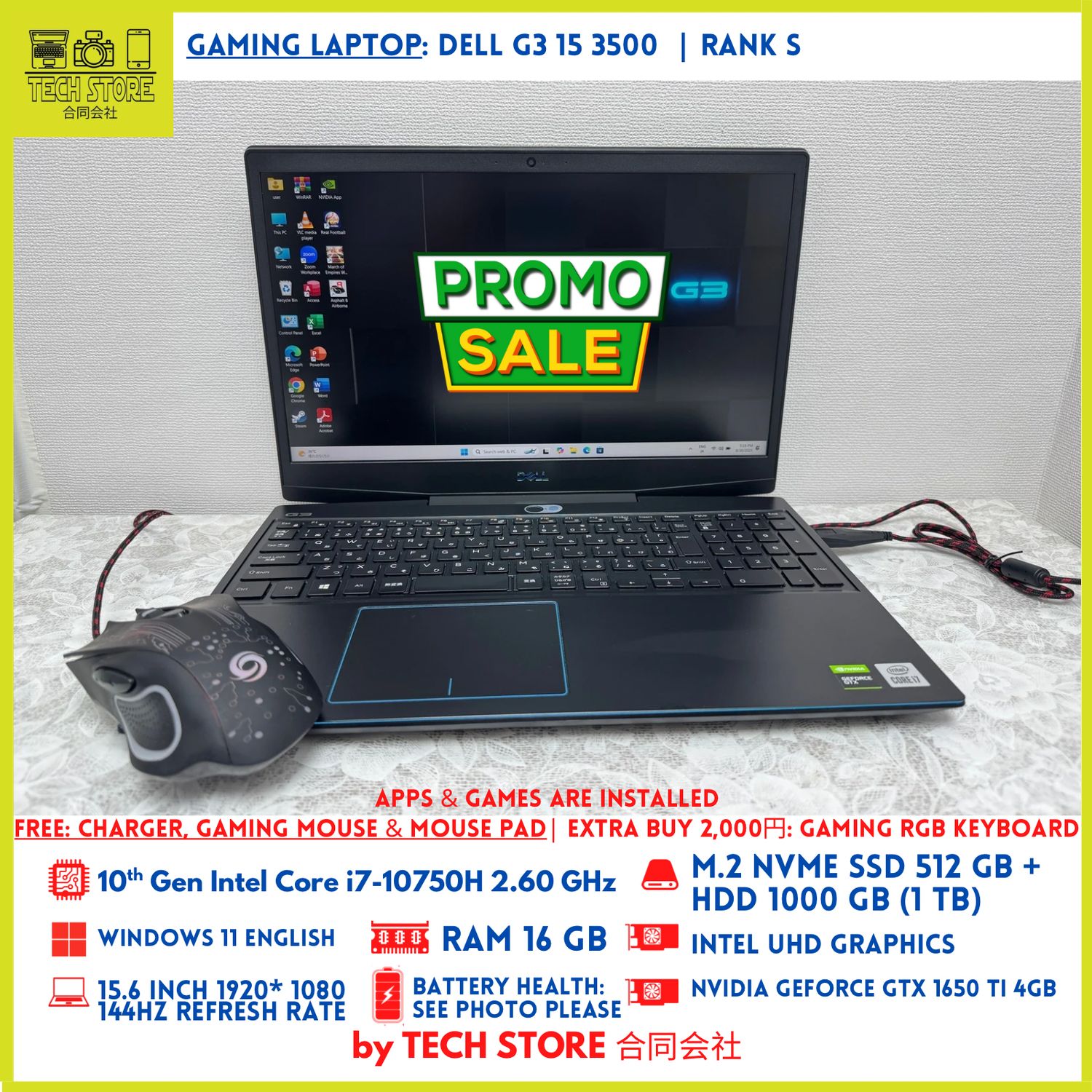 Dell G3 15 3500 i7 10th Gen 16GB 512GB+ 1TB GTX 1650 Ti 144Hz