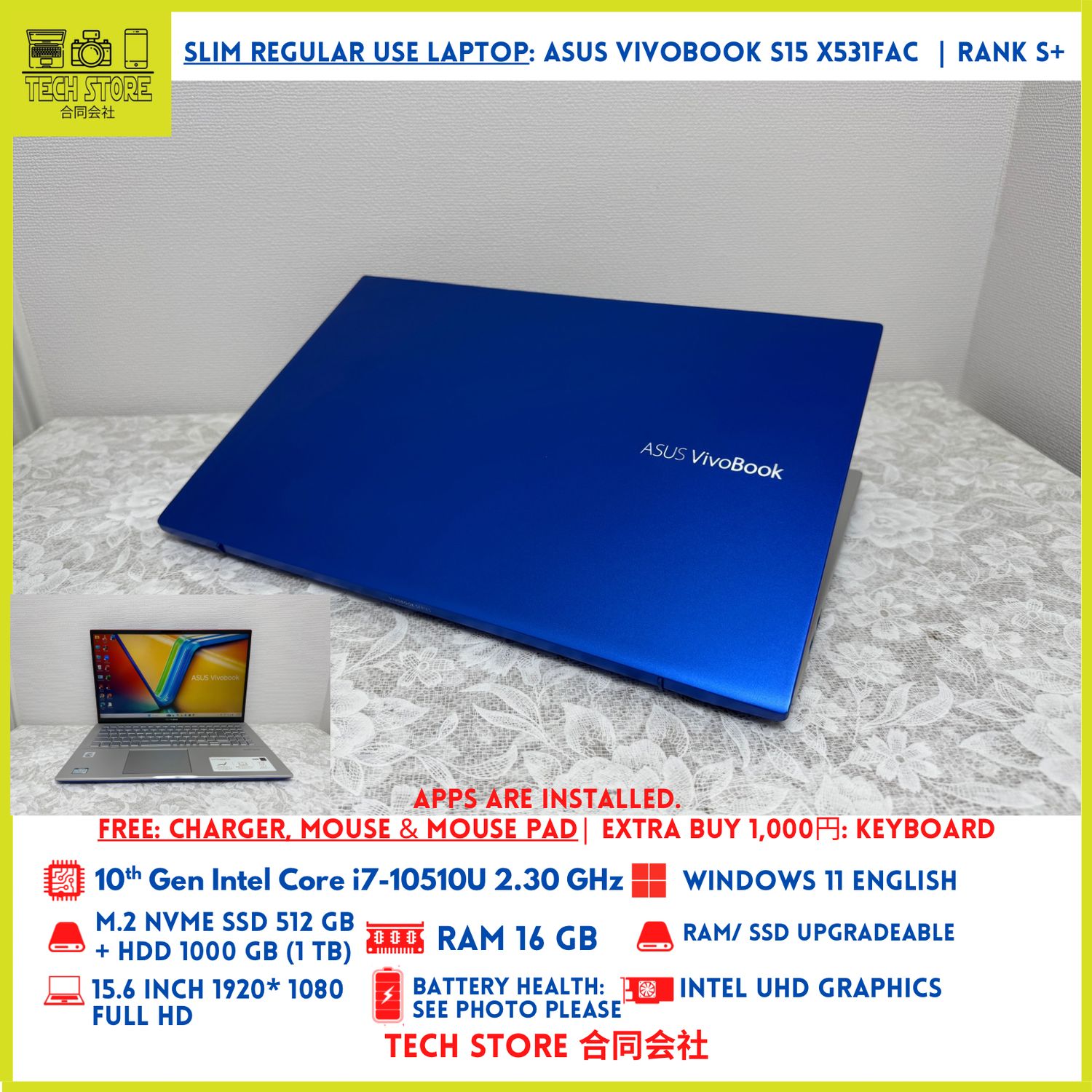 Asus Vivobook S15 X531FAC Core i7 10th Gen 16GB 512GB+ 1TB