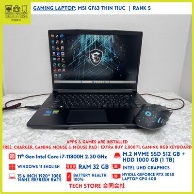 MSI GF63 Thin 11UC Core i7 11th Gen 32GB 512GB+ 1TB RTX 3050