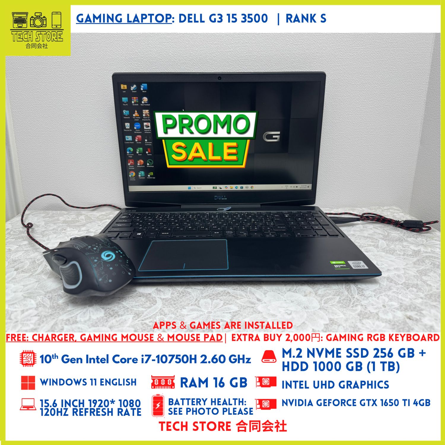 DELL G3 15 3500 Core i7 10th Gen 16GB 256GB+ 1TB GTX 1650 4GB