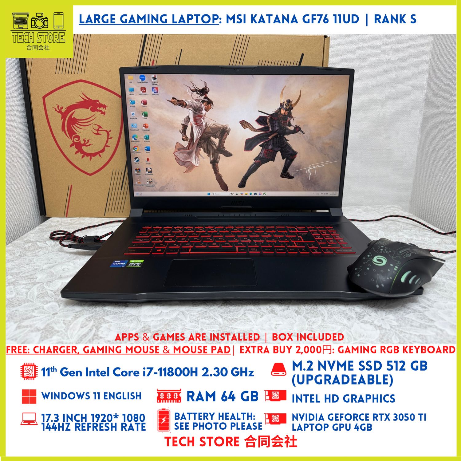 MSI Katana GF76 11UD Core i7 11th Gen 64GB 512GB RTX 3050 Ti