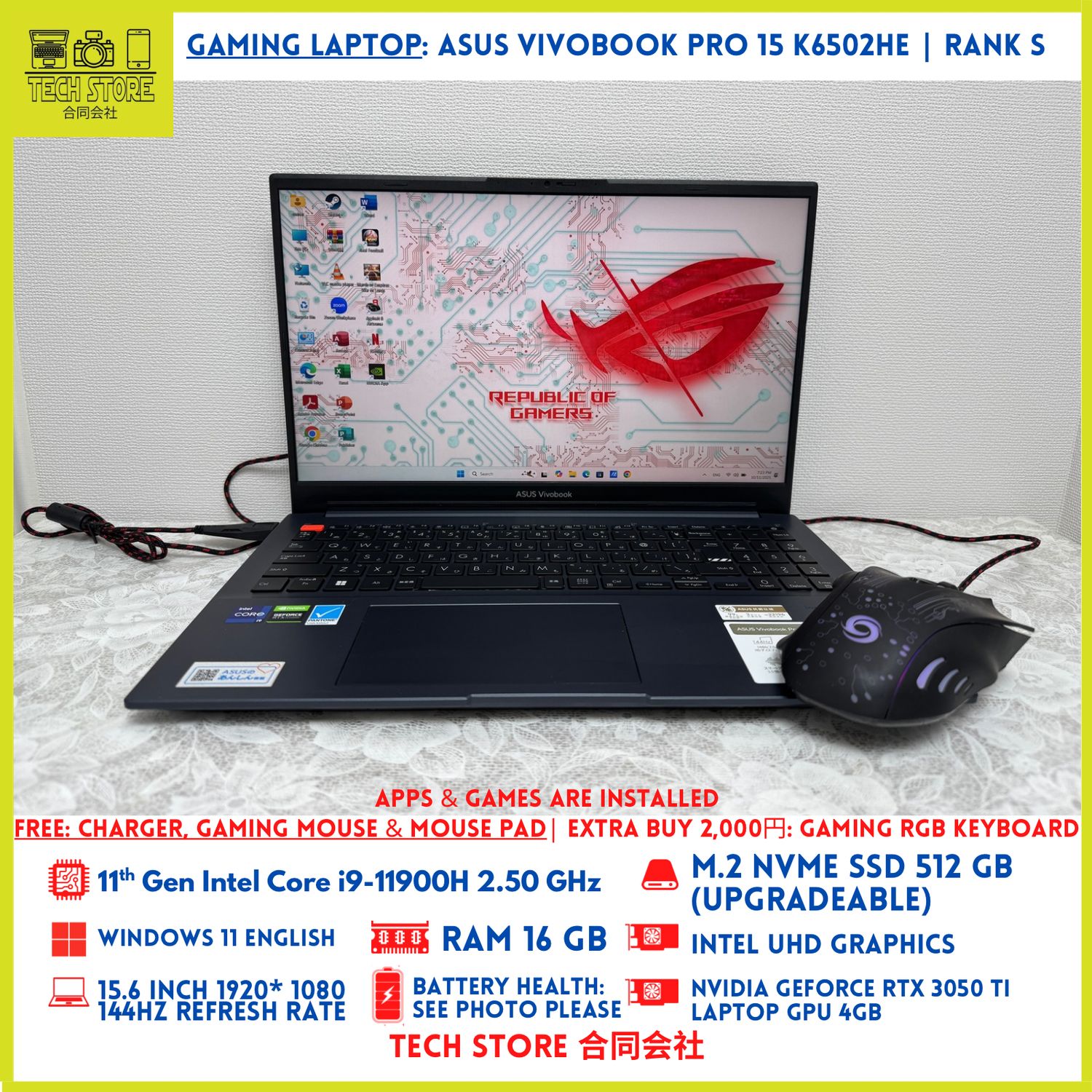 Asus VivoBook Pro 15 K6502HE i9 11th Gen 16GB 512GB RTX 3050 Ti