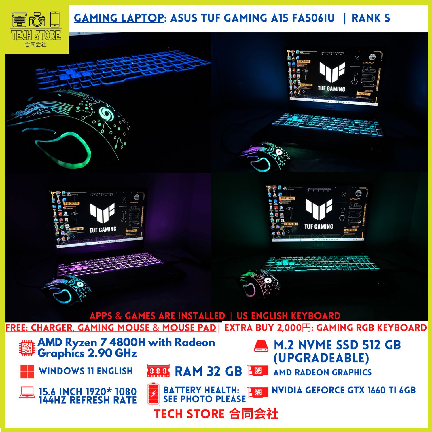 Asus Tuf Gaming A15 FA506IU Ryzen 7 4800H 32GB 512GB GTX 1660 Ti 4GB