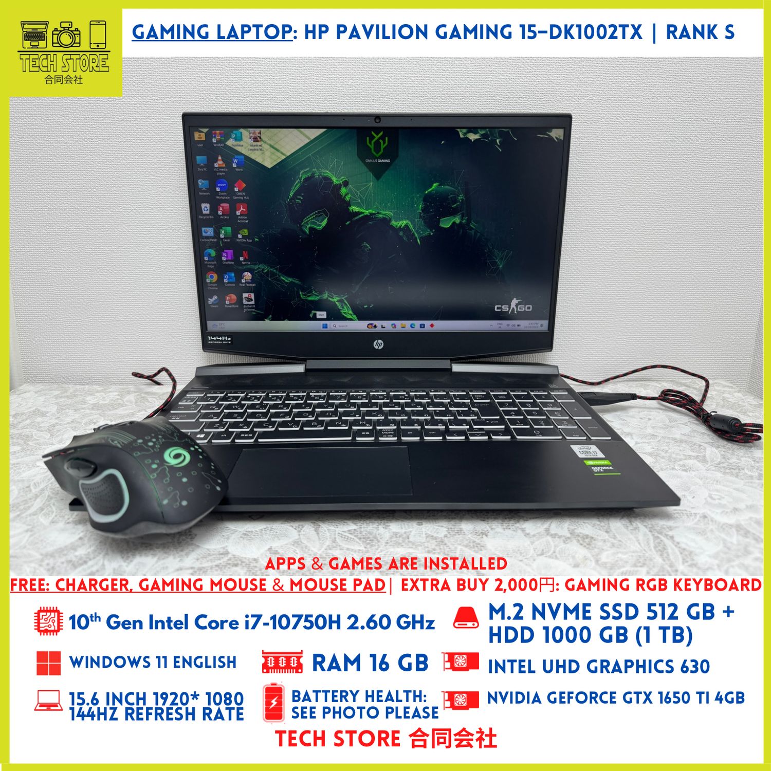 HP Pavilion Gaming 15-dk1002tx Core i7 10th Gen 16GB 512GB+ 1TB GTX 1650 Ti 144Hz