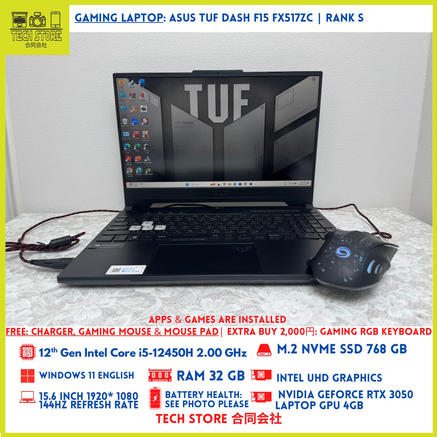 ASUS TUF DASH F15 FX517ZC Core i5 12th Gen 32GB 768GB RTX 3050 144Hz