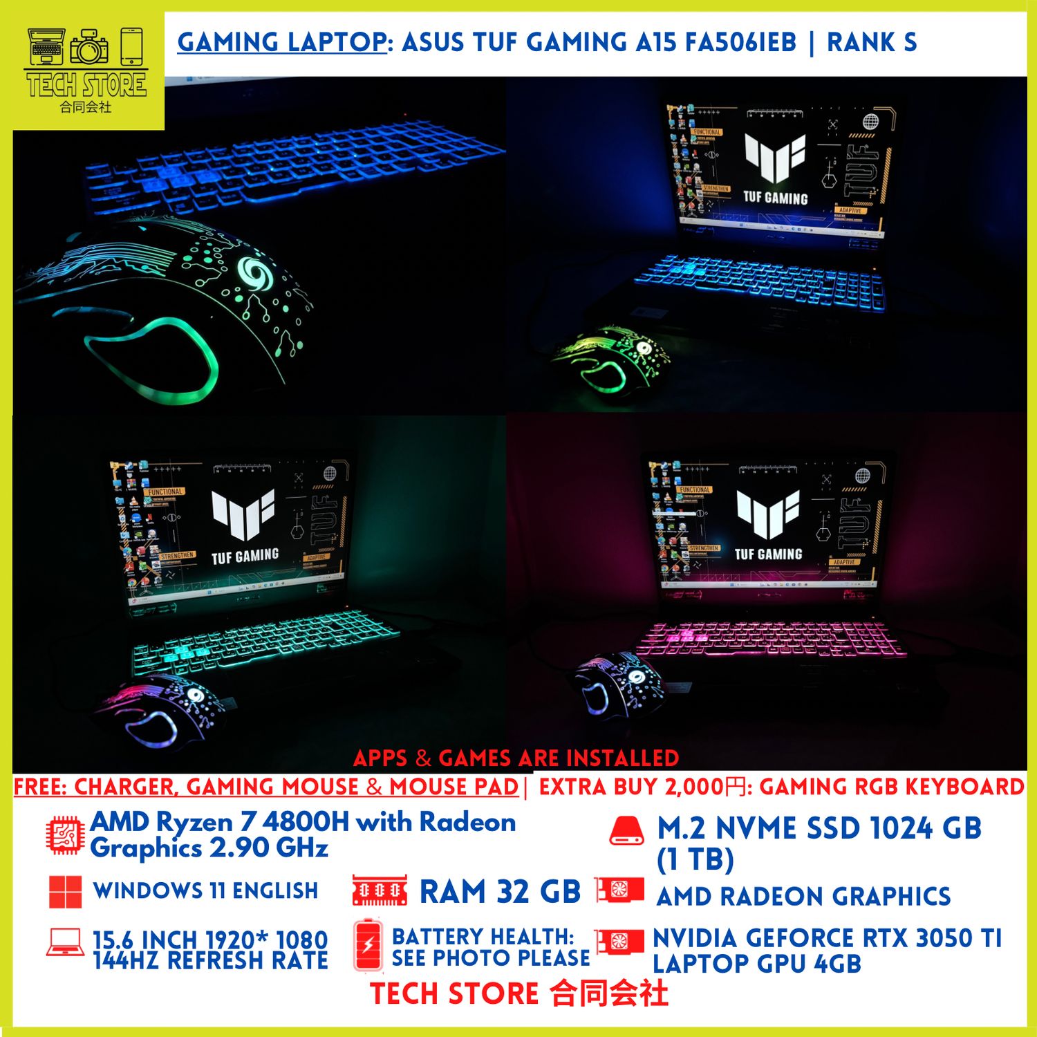 ASUS TUF GAMING A15 FA506IEB Ryzen 7 32GB 1TB RTX 3050 Ti 144Hz