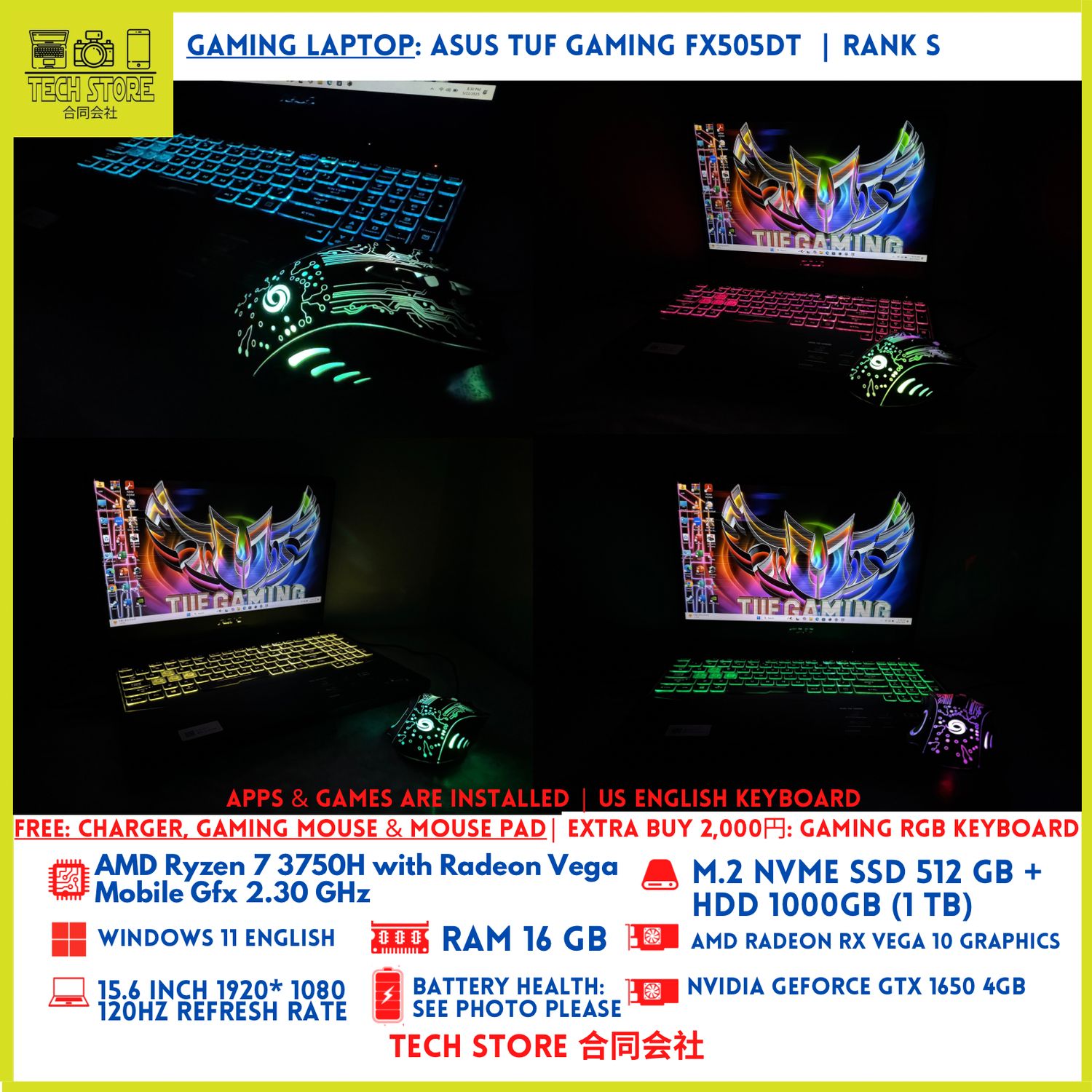 ASUS TUF GAMING FX505DT Ryzen 7 16GB 512GB+ 1TB GTX 1650 120Hz