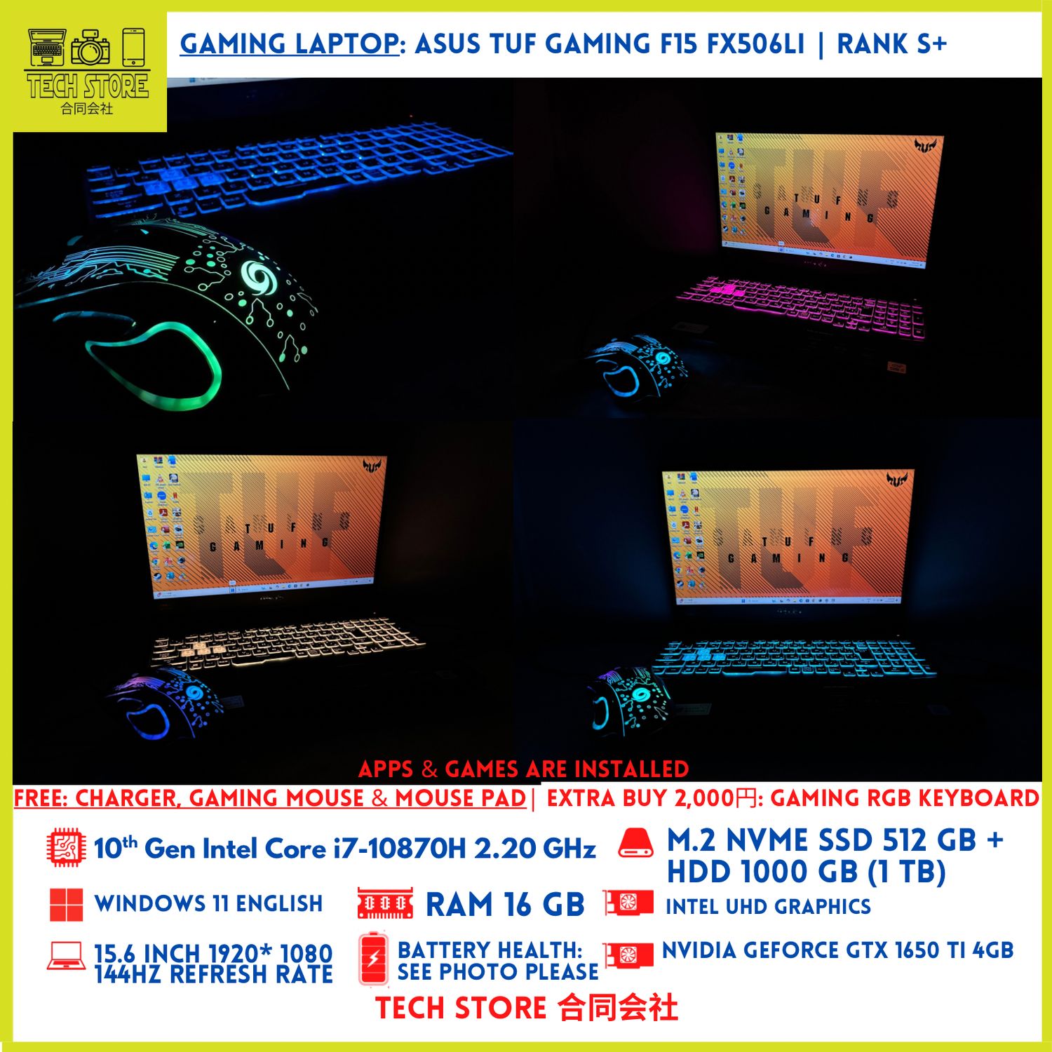 ASUS TUF GAMING F15 FX506LI Core i7 10th 16GB 512GB+ 1TB GTX 1650 Ti