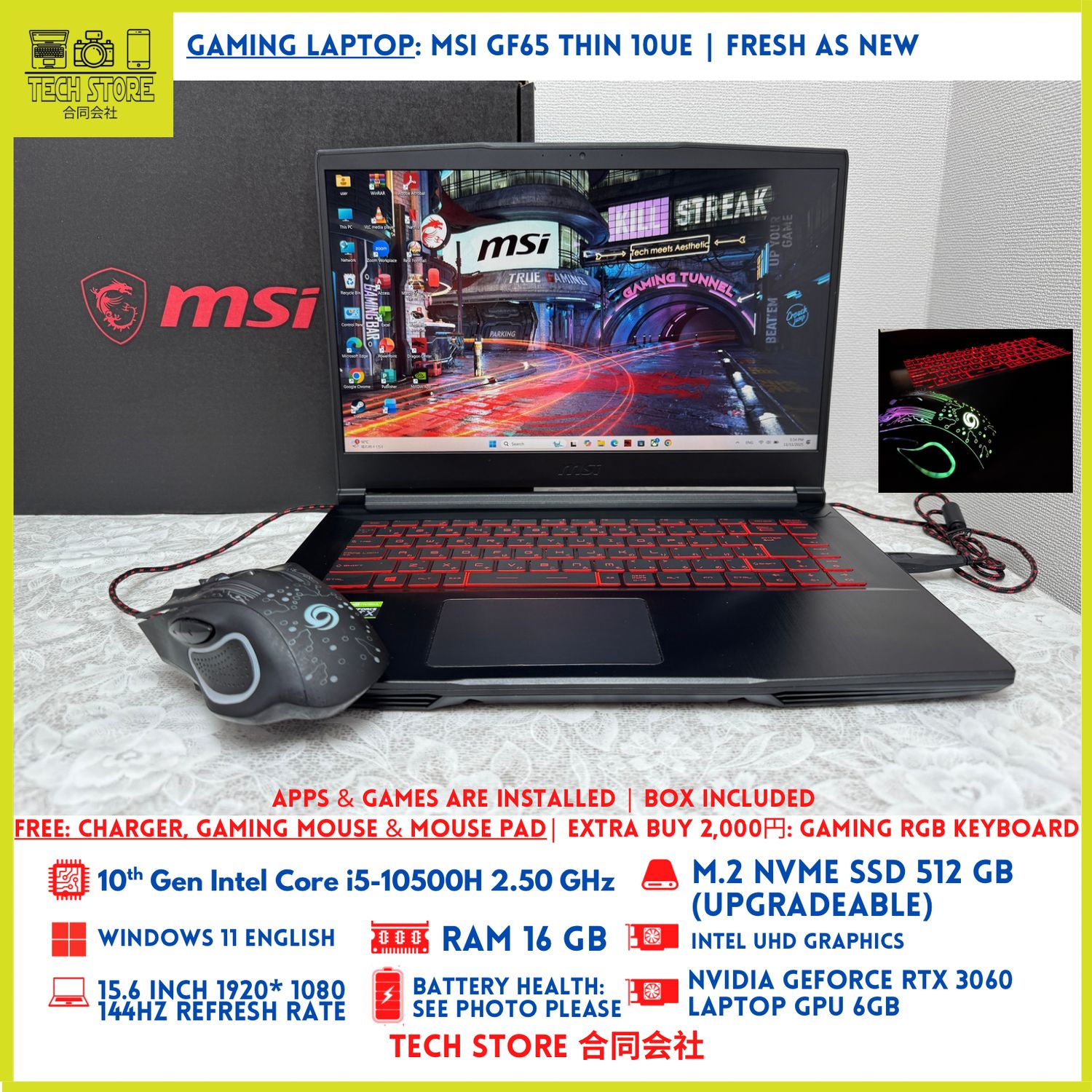 MSI GF65 Thin 10UE 10th Gen 16GB 512GB RTX 3060 6GB 15.6” 144Hz