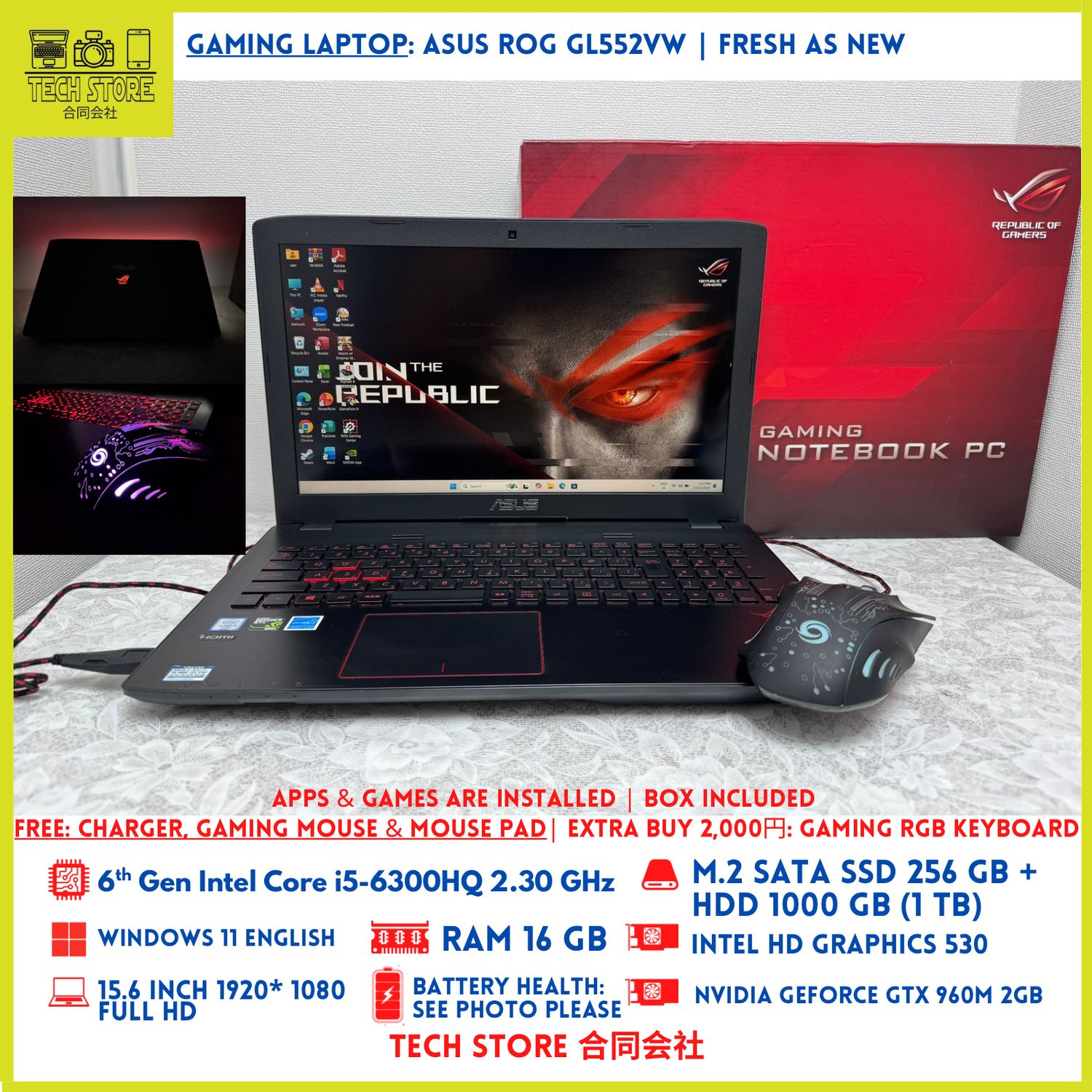 ASUS ROG GL552VW Core i5 6th 16GB 256+ 1TB GTX 960M COD Ok