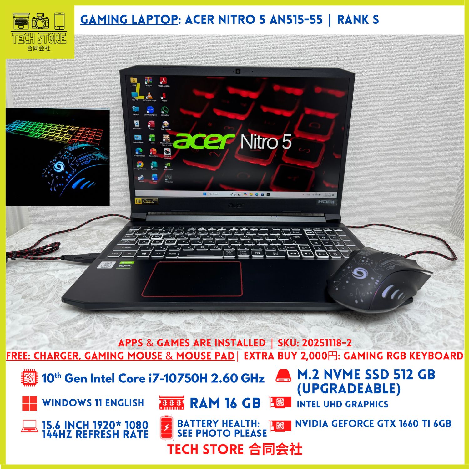 Acer Nitro 5 AN515-55 Core i7 10th 16GB 512GB GTX 1660Ti 6GB 144Hz