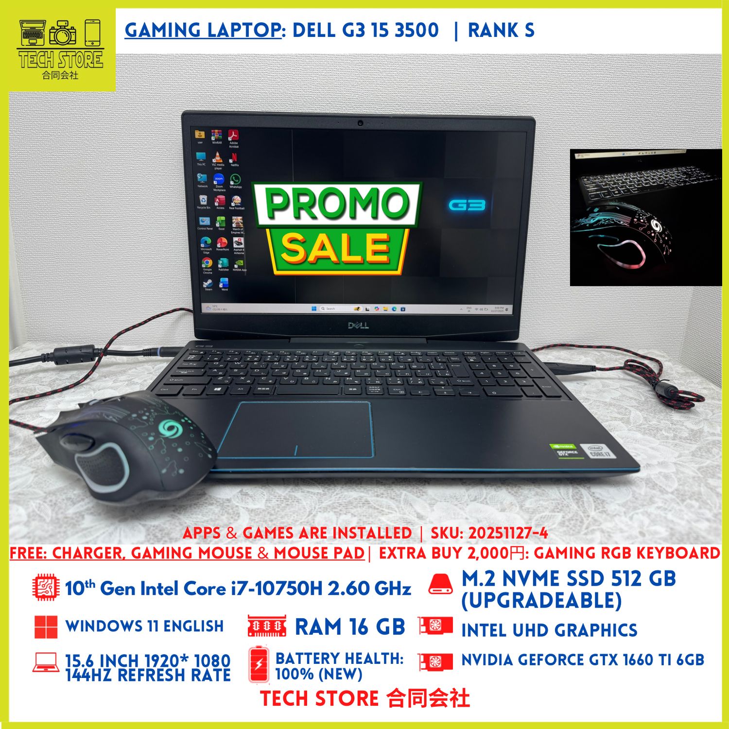 DELL G3 15 3500 Core i7 10th 16GB 512GB GTX 1660Ti 144Hz