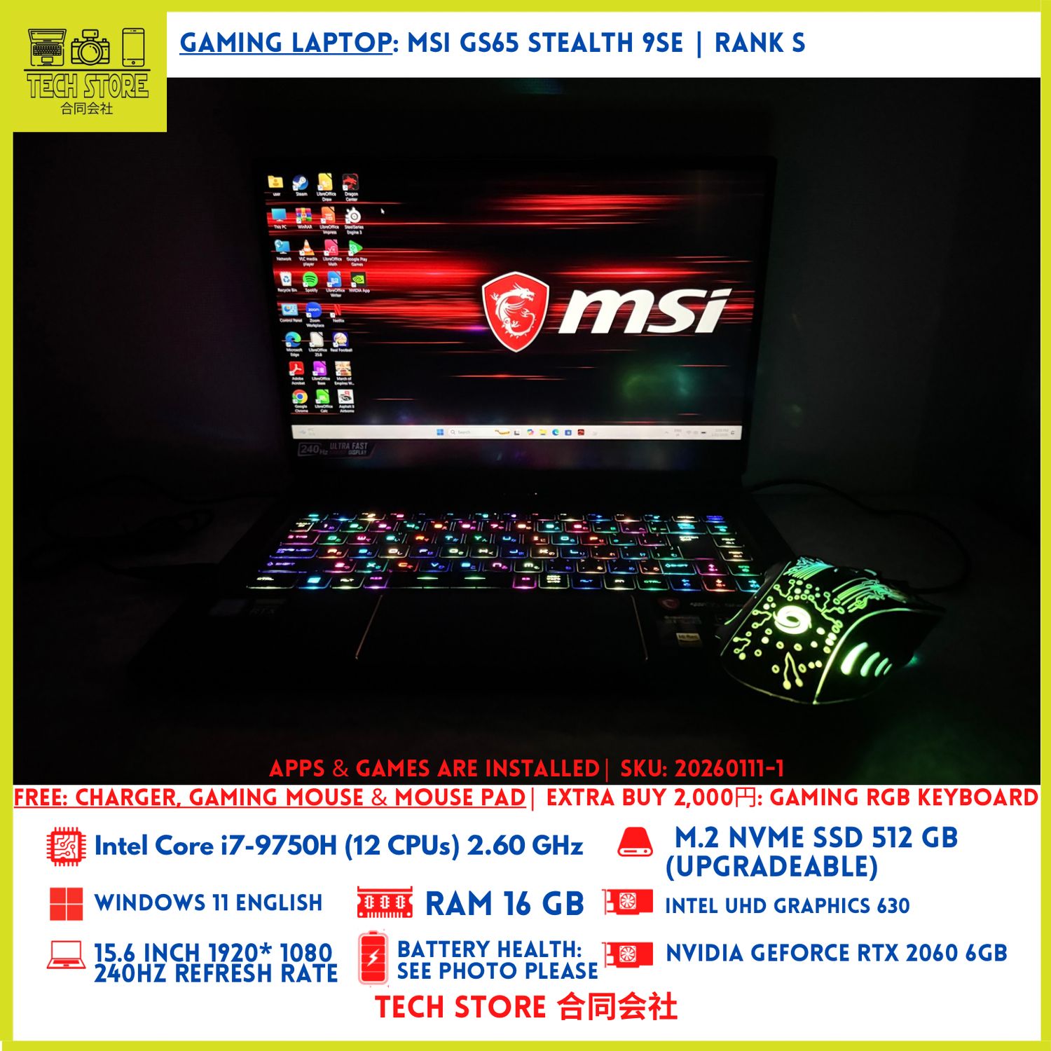 MSI GS65 Stealth 9SE i7 RTX 2060 240Hz