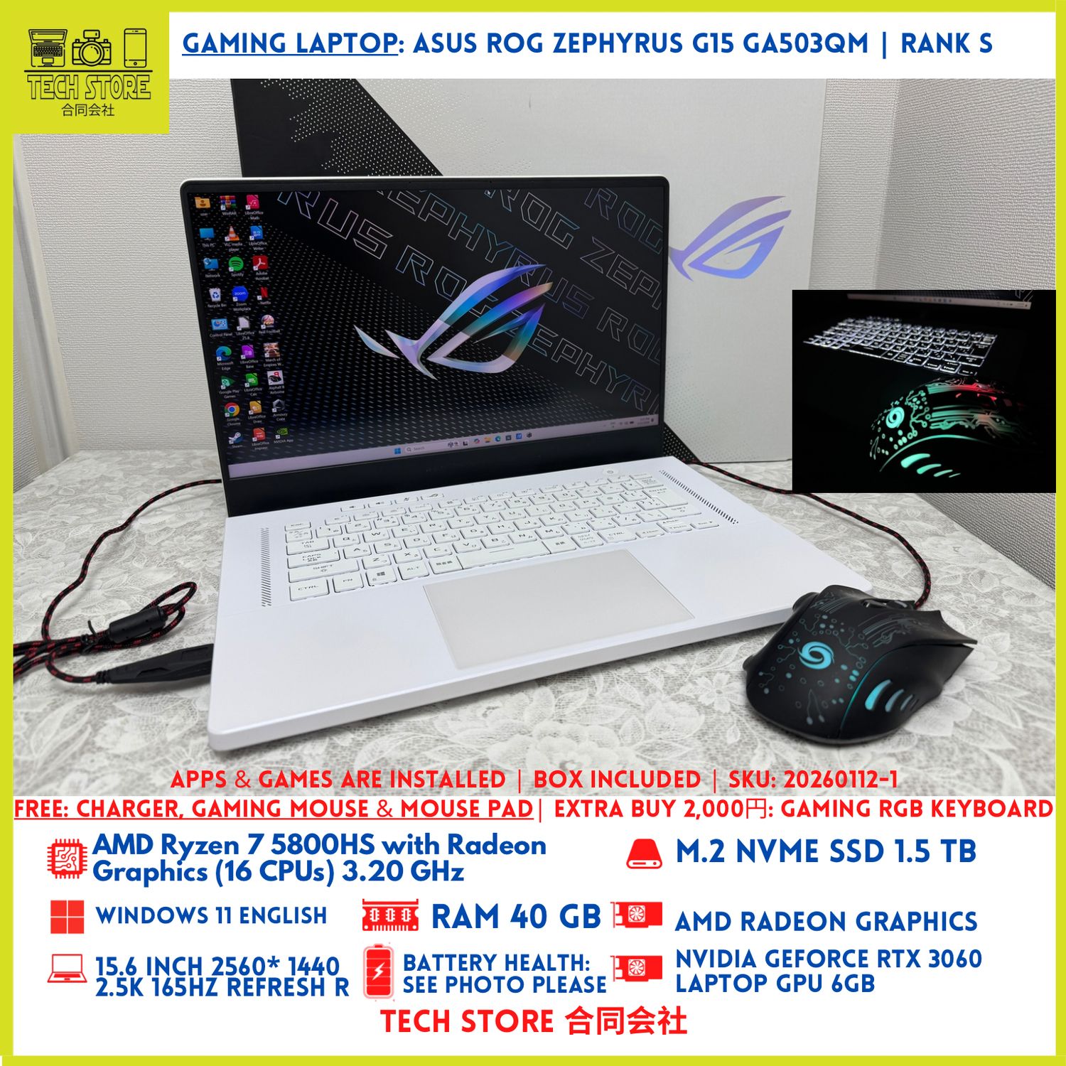 ASUS ROG Zephyrus G15 GA503QM 40GB 1.5TB RTX 3060 2.5K 165Hz