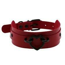 Faux Leather Choker with Black Heart- Red