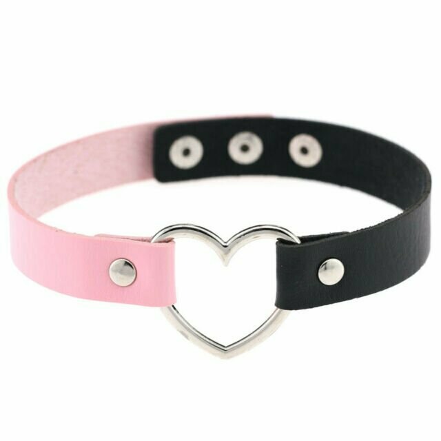 Faux Leather Heart Choker- Black- Pink & Black