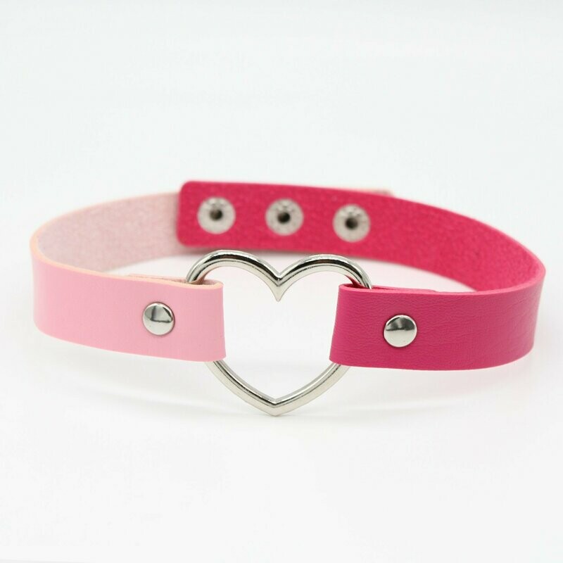 Faux Leather Heart Choker- 2 Toned Pink