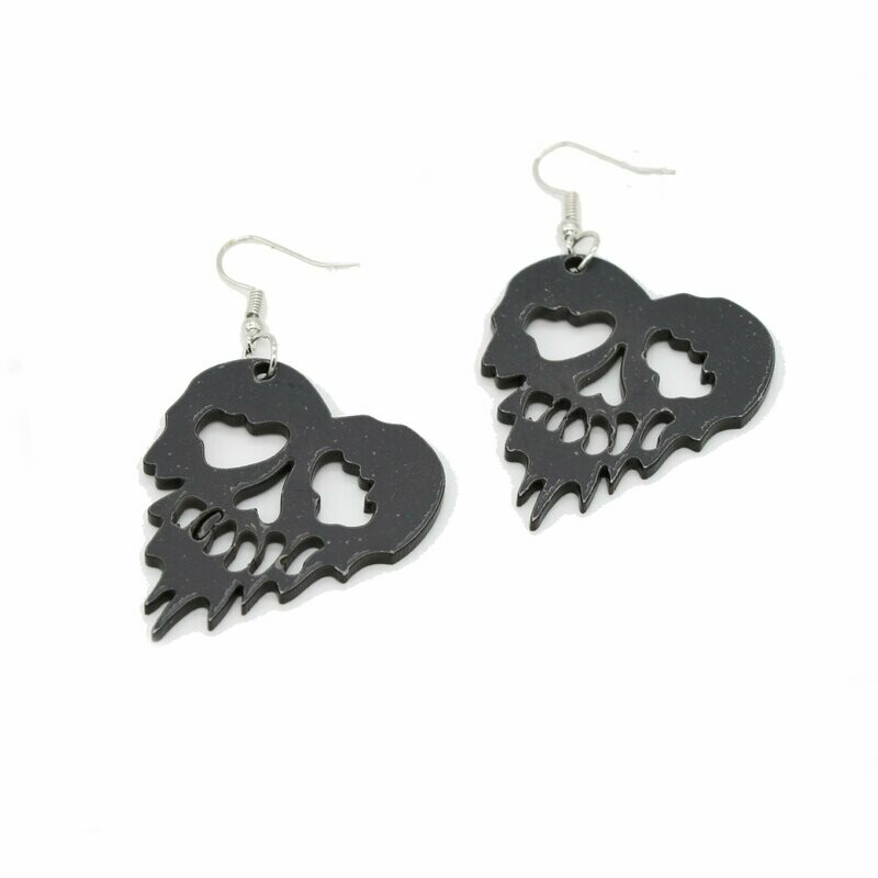 Black Acrylic Heart Skull Earrings