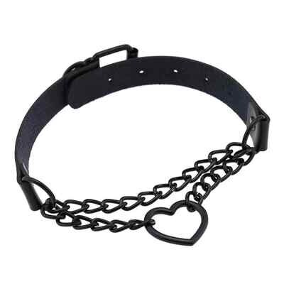 Faux Leather & Chain Heart Choker- Black