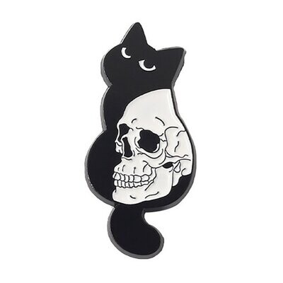 Black Cat with Skull Enamel Pin