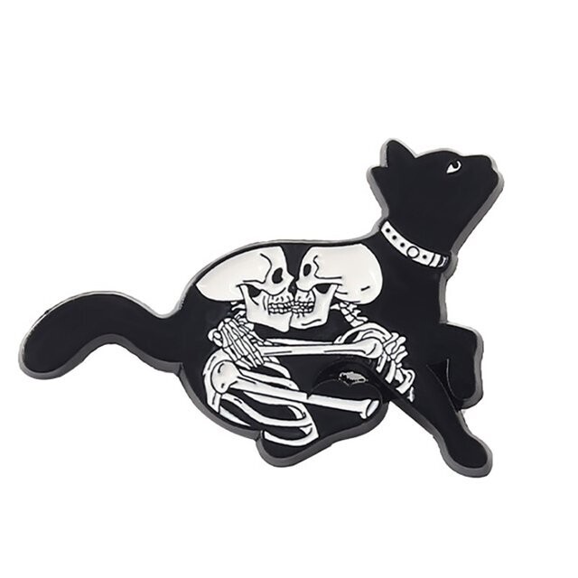 Black Cat with Skeletons Enamel Pin