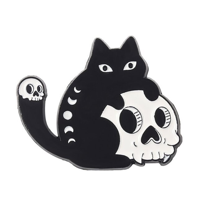 Black Cartoon Cat with Skull Enamel Pin