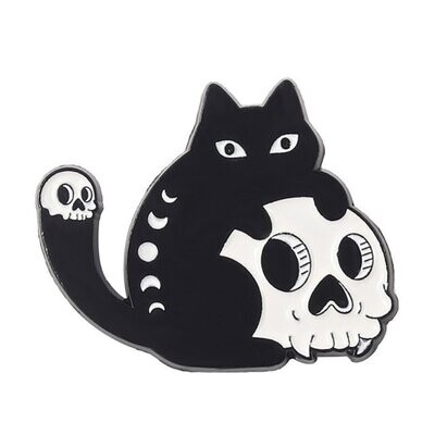 Black Cartoon Cat with Skull Enamel Pin