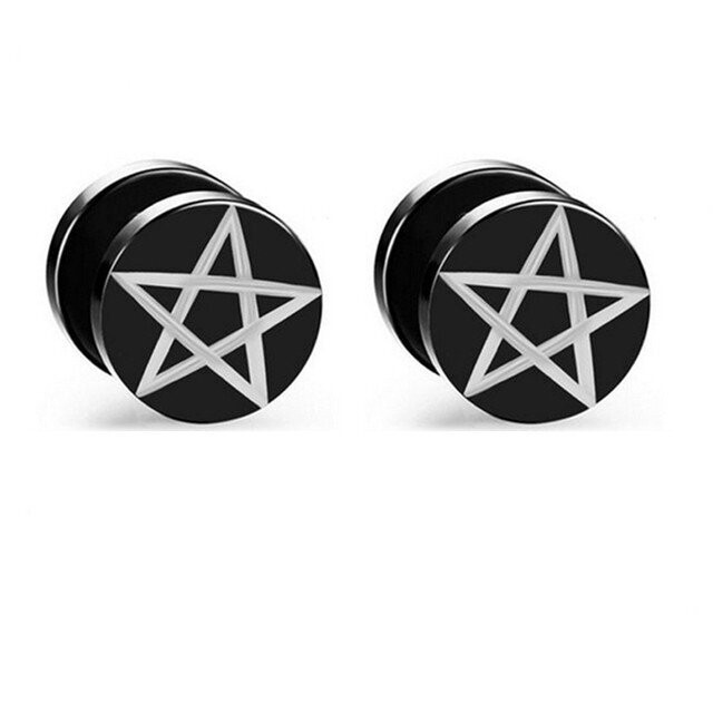 Black Etched Pentagram Fake Plug Stud Earrings