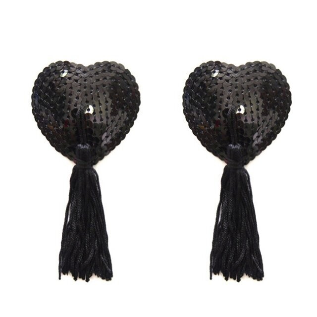 Black Sequined Heart Pasties with Tassels Nipple Covers