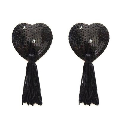 Black Sequined Heart Pasties with Tassels Nipple Covers