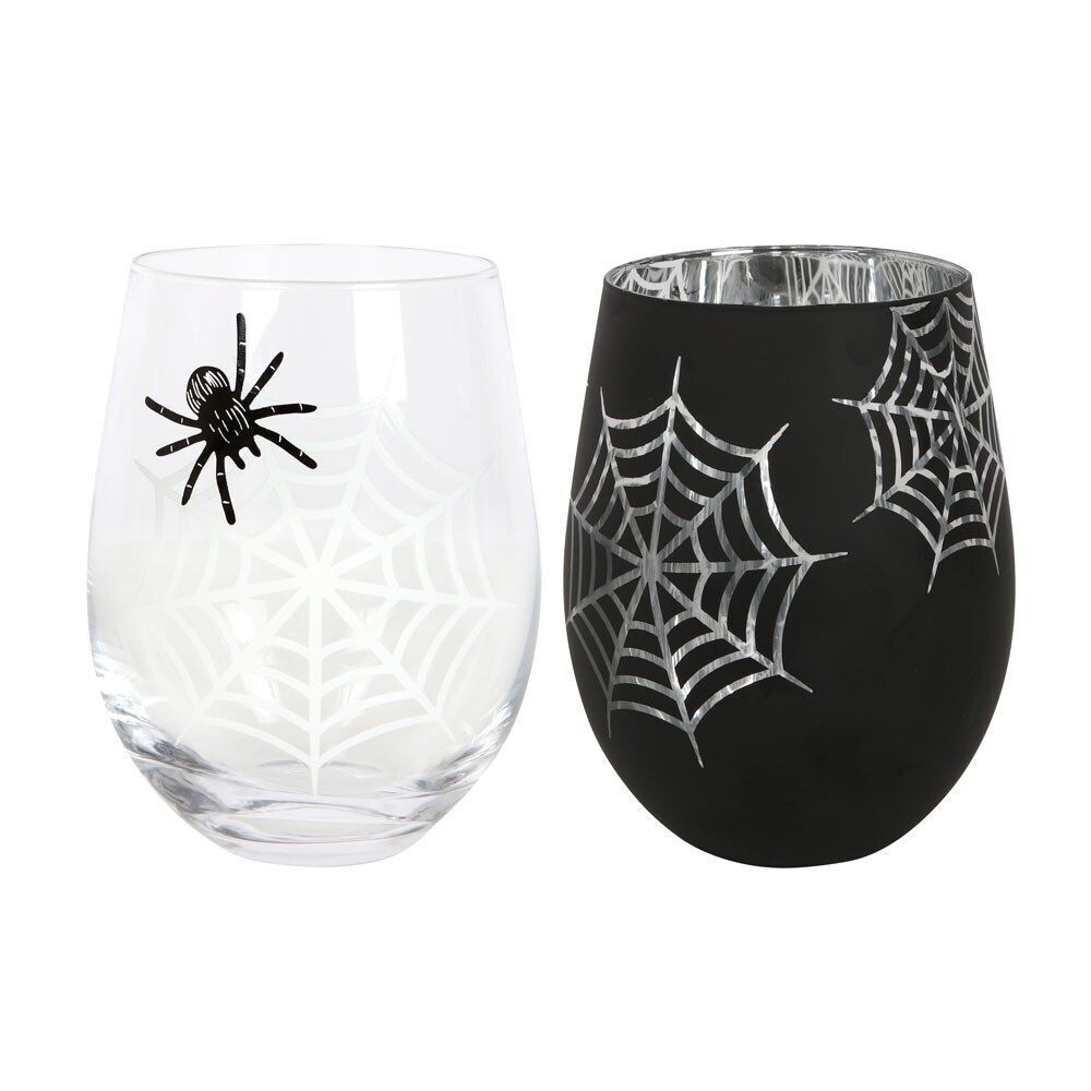 Set of 2  Spider and Web Stemless Wine Glasses