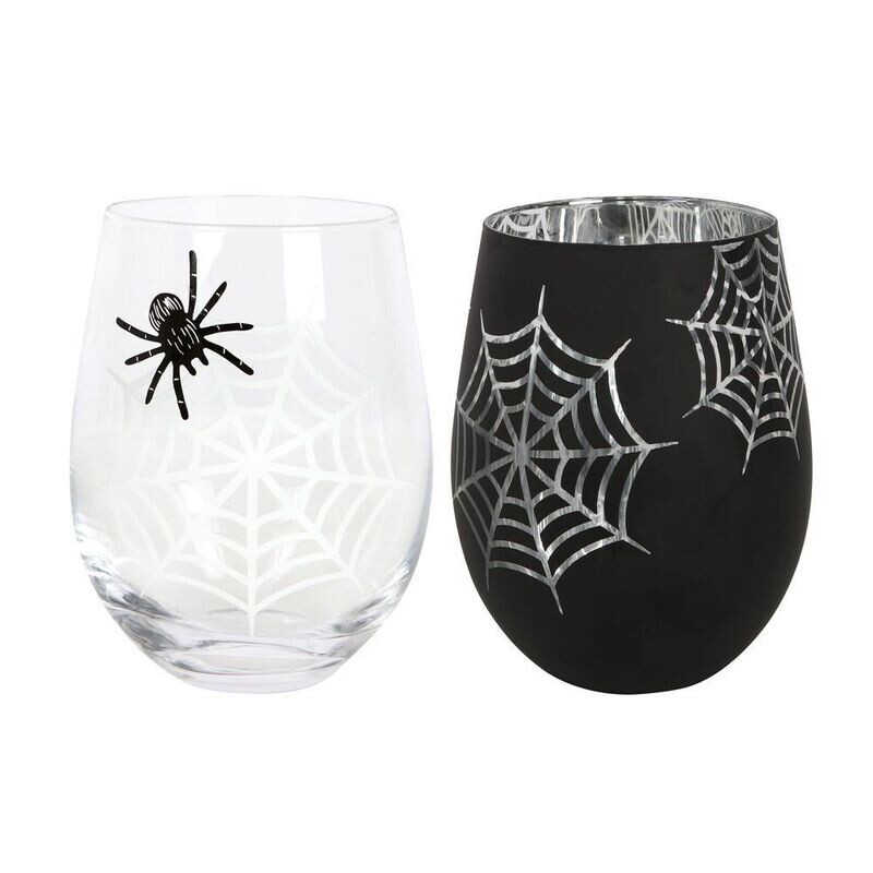 Set of 2  Spider and Web Stemless Wine Glasses