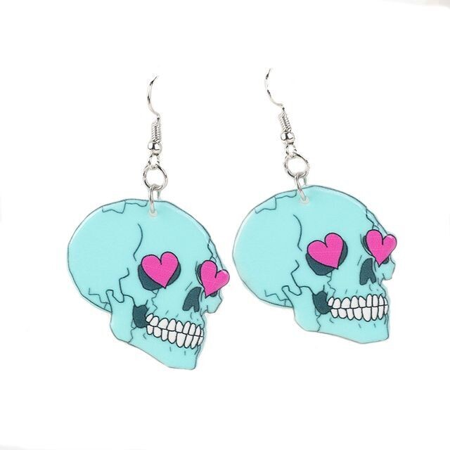 Acrylic Love Skull Dangly Earrings