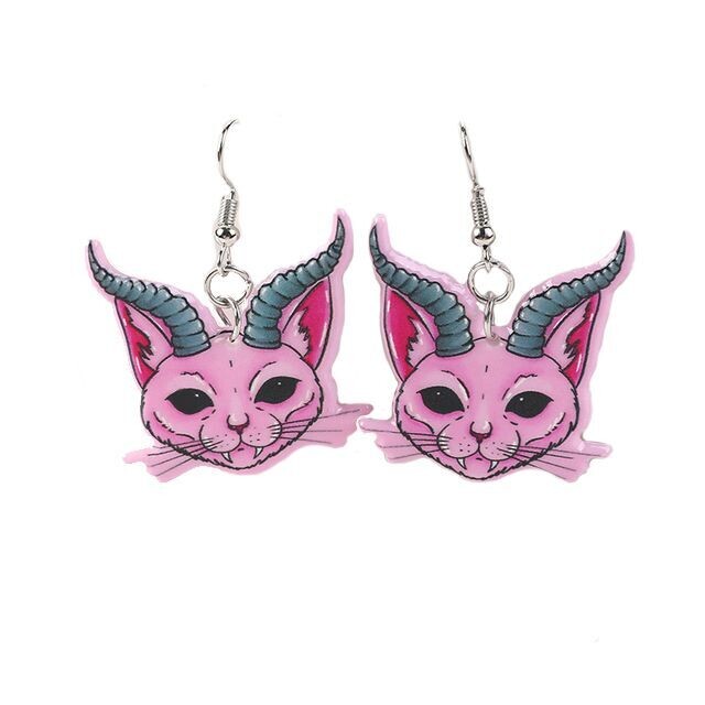 Acrylic Pink Hell Cat Dangly Earrings