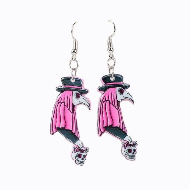 Pink Acrylic Plague Doctor Dangly Earrings