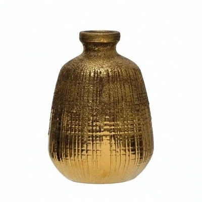 Cco Sm Gold Finish Terra-cotta Vase W Lines