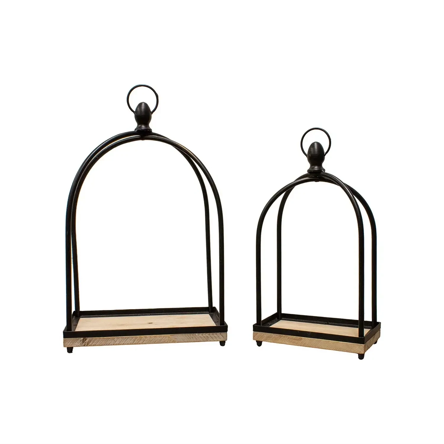 WT Sm Wood Base Black Frame Lantern 7.3x4.45x13.4