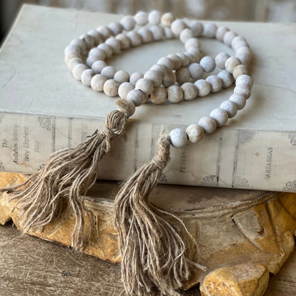 Lan Tassel Tied White Wash Beads 59&quot;