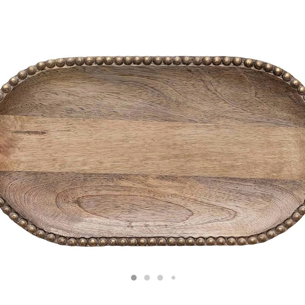 Cco Gold Finish Beaded Mango Wood Tray 9.1x16.5