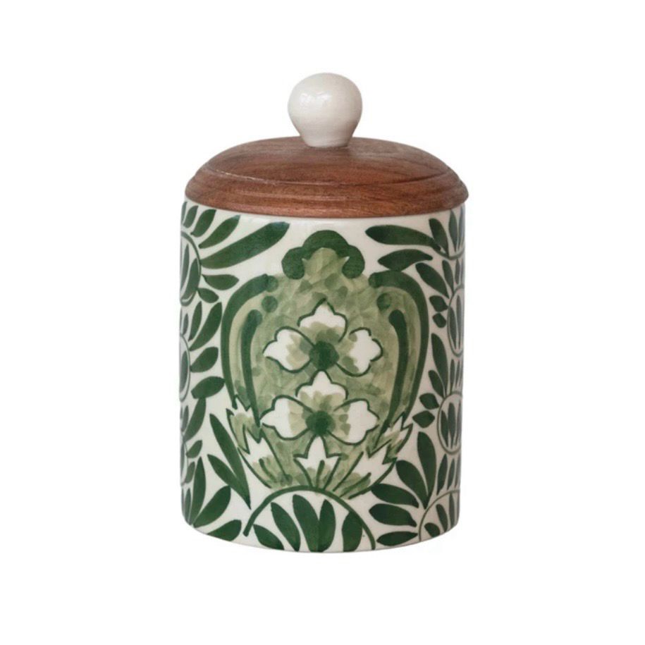 CCO Green Hand Painted Canister w/wood Lid 3.5x5