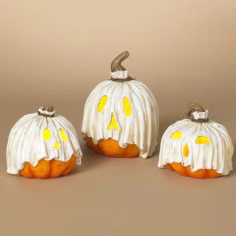 Ger Sm Curved Stem Ghost Pumpkin Lighted 5.5&quot;