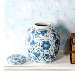 Odg 9.4&quot; Blue Floral Porcelain Jar w/lid