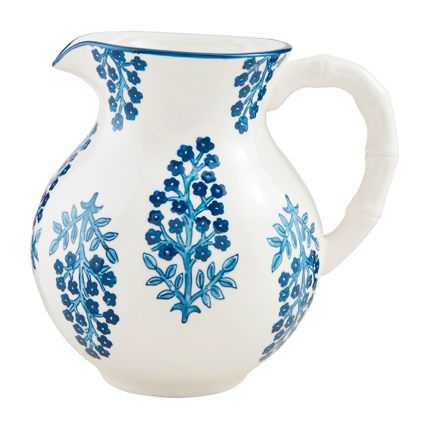 MP Blue Flowers Block Print Pitcher  8&quot; Tall