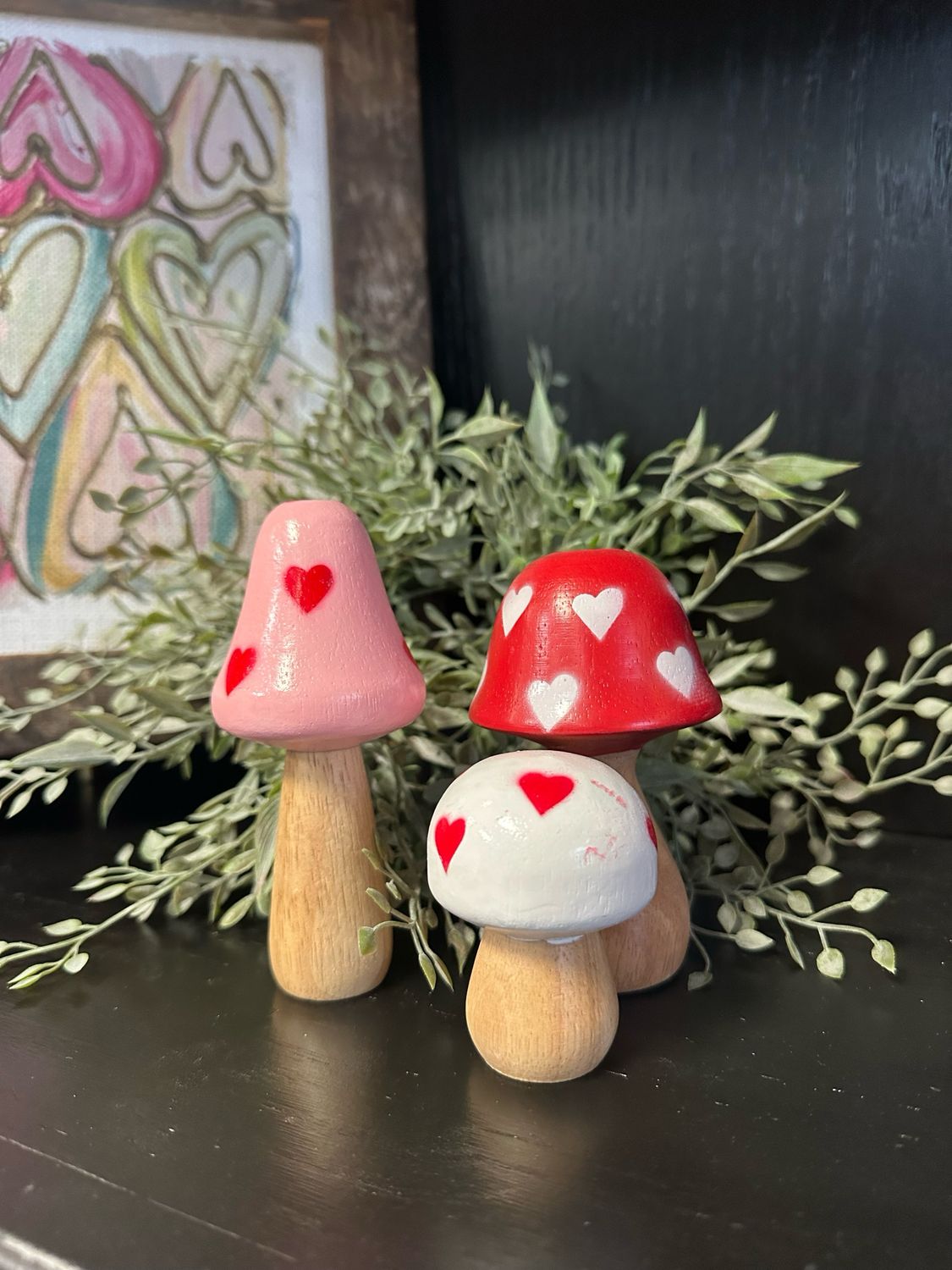 Ger Set/3 Heart Mushrooms Wooden