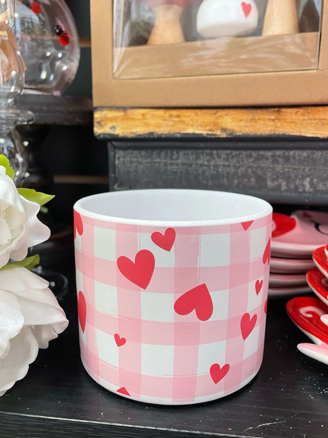 MV 4x3.25 Pink White Plaid Ceramic Pot