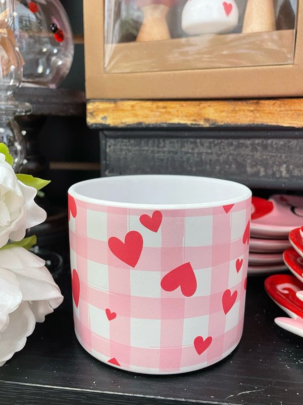 MV 4x3.25 Pink White Plaid Ceramic Pot