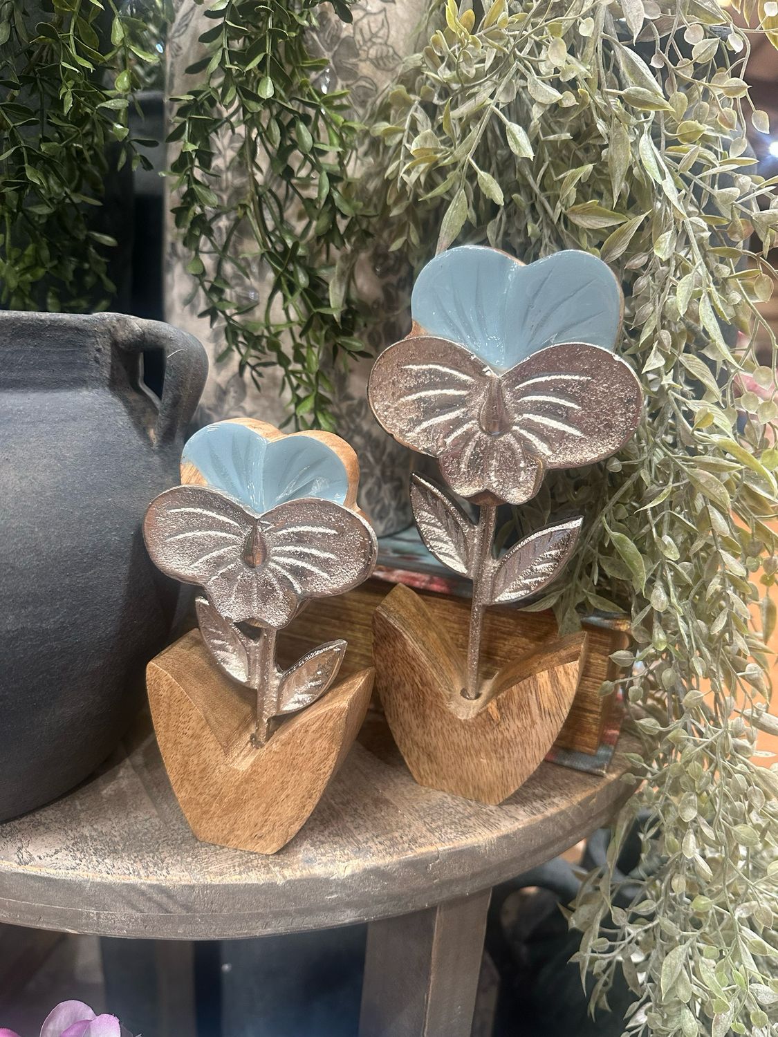 WTC Sm Blue Enamel Wood Silver Metal Flower 6&quot;
