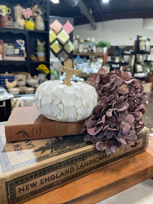 WTC Sm White Carved Resin Pumpkin 3.25x4.25