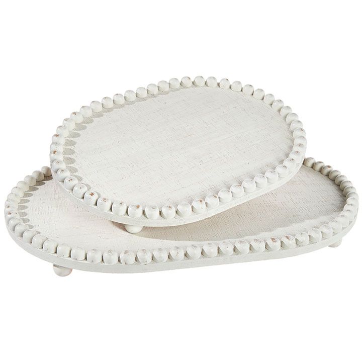 16&quot; Oval Whitewash Beaded Edge Tray